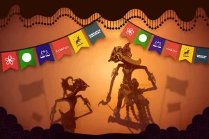 Wayang Kulit with logos of political parties in Malaysia.