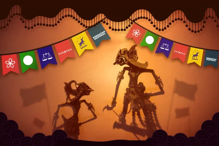 Wayang Kulit with logos of political parties in Malaysia.