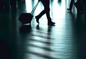 A man pulling a briefcase in an airport.